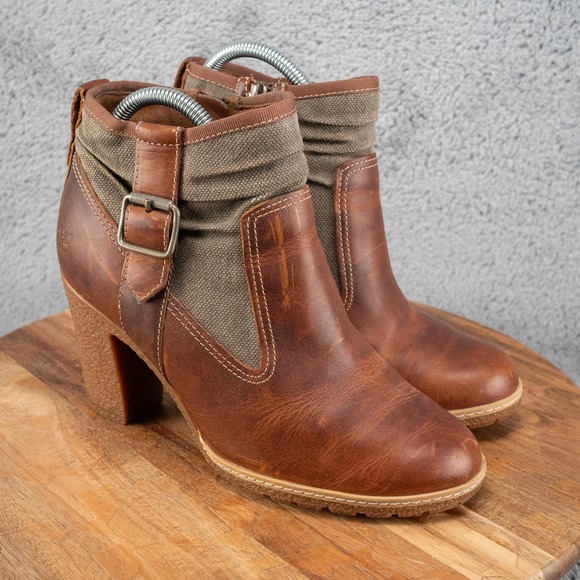 Timberland Shoes - Timberland Ankle Boots Women 8.5 Brown High Heel Chunky Zip Up Buckle Ortholite